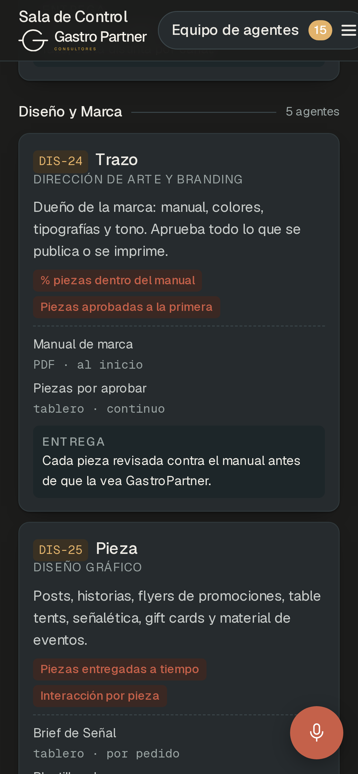 Pantalla de los agentes de Diseño y Marca